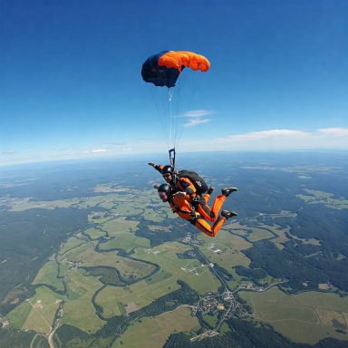 Person im orange-schwarzen Fallschirmanzug springt mit Fallschirm über grünen Landschaften.
