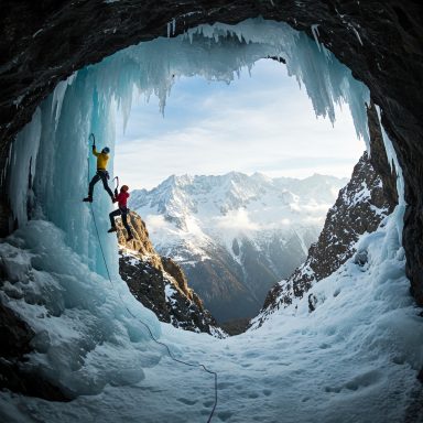 Zwei Kletterer erkunden eine gefrorene Höhle mit schneebedeckten Bergen im Hintergrund.