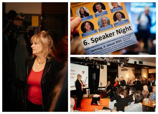 Porträt einer Frau mit blonden Haaren, umgeben von Veranstaltungshighlights und Publikum.