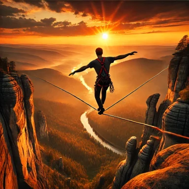 Mann balanciert auf einem Seil über einer Schlucht bei Sonnenuntergang.