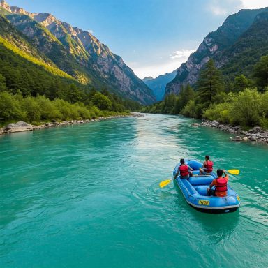 Drei Personen im Schlauchboot auf einem fließenden, türkisfarbenen Fluss in einer Berglandschaft.