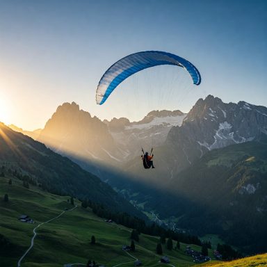 Ein Gleitschirmflieger schwebt über einer malerischen Berglandschaft bei Sonnenuntergang.