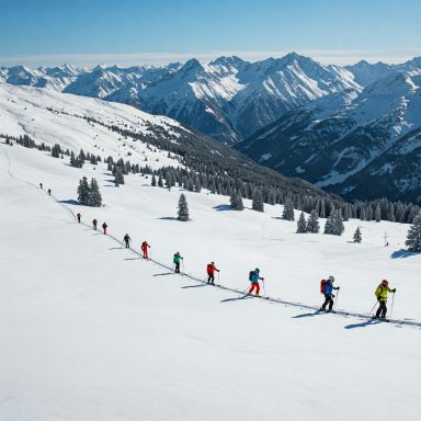 Gruppen von Skitourengehern wandern durch verschneite Berge.