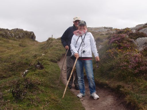Zwei Personen wandern auf einem schmalen Pfad in der Natur, umgeben von Pflanzen.